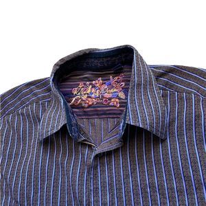 Robert Graham Striped Floral Brown Purple Button Long Sleeve Shirt Size L